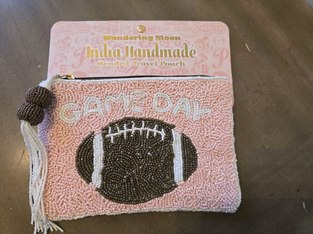 Wandering Moon India Handmade Beaded Game Day Design Travel Pouch Pink Zipper